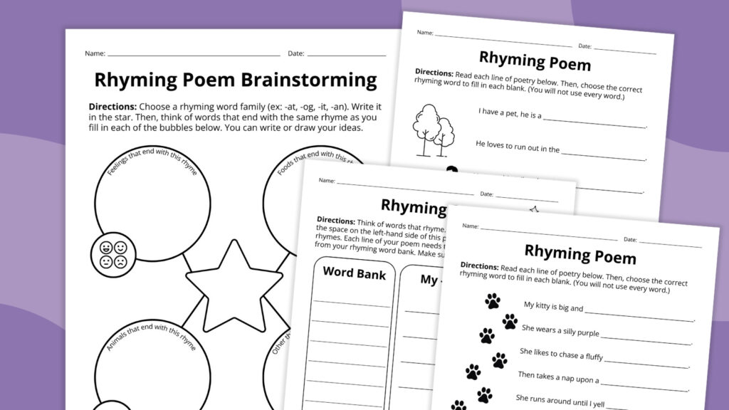 rhyming poem worksheets bundle of four pages