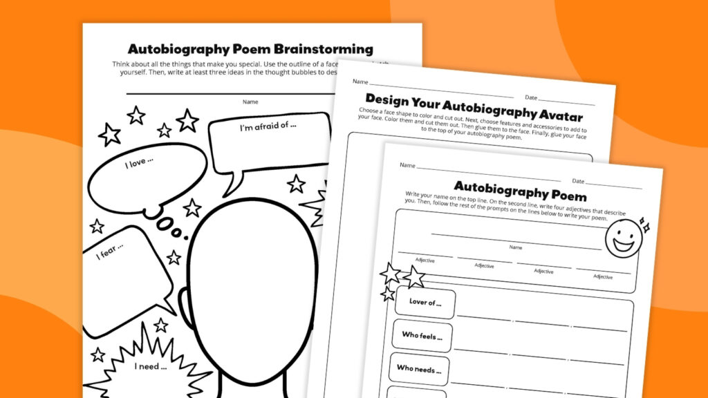 an image of three example printables of an autobiography poem template