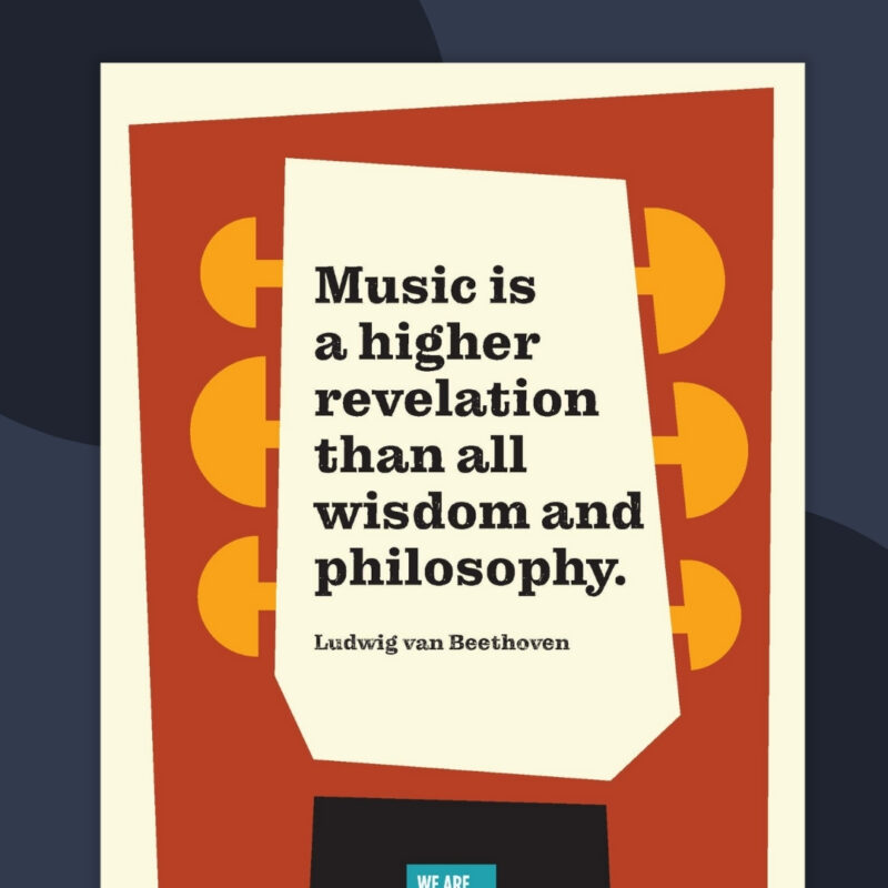 A colorful example of music quote posters in the shape of the end of a guitar