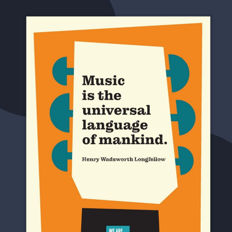 A colorful example of music quote posters in the shape of the end of a guitar