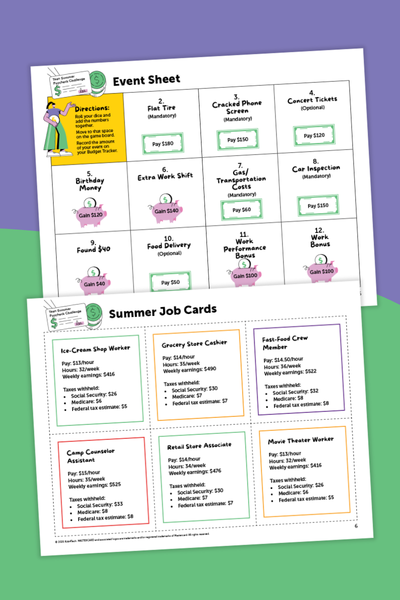 Real-life events that pop up unexpectedly force students to adjust their financial plans in real time. Pages from budgeting for teens game