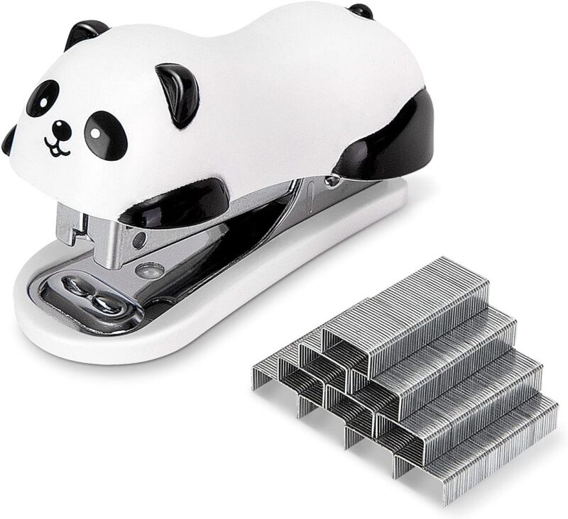 Miniature stapler in the shape of a panda with a stack of mini staples