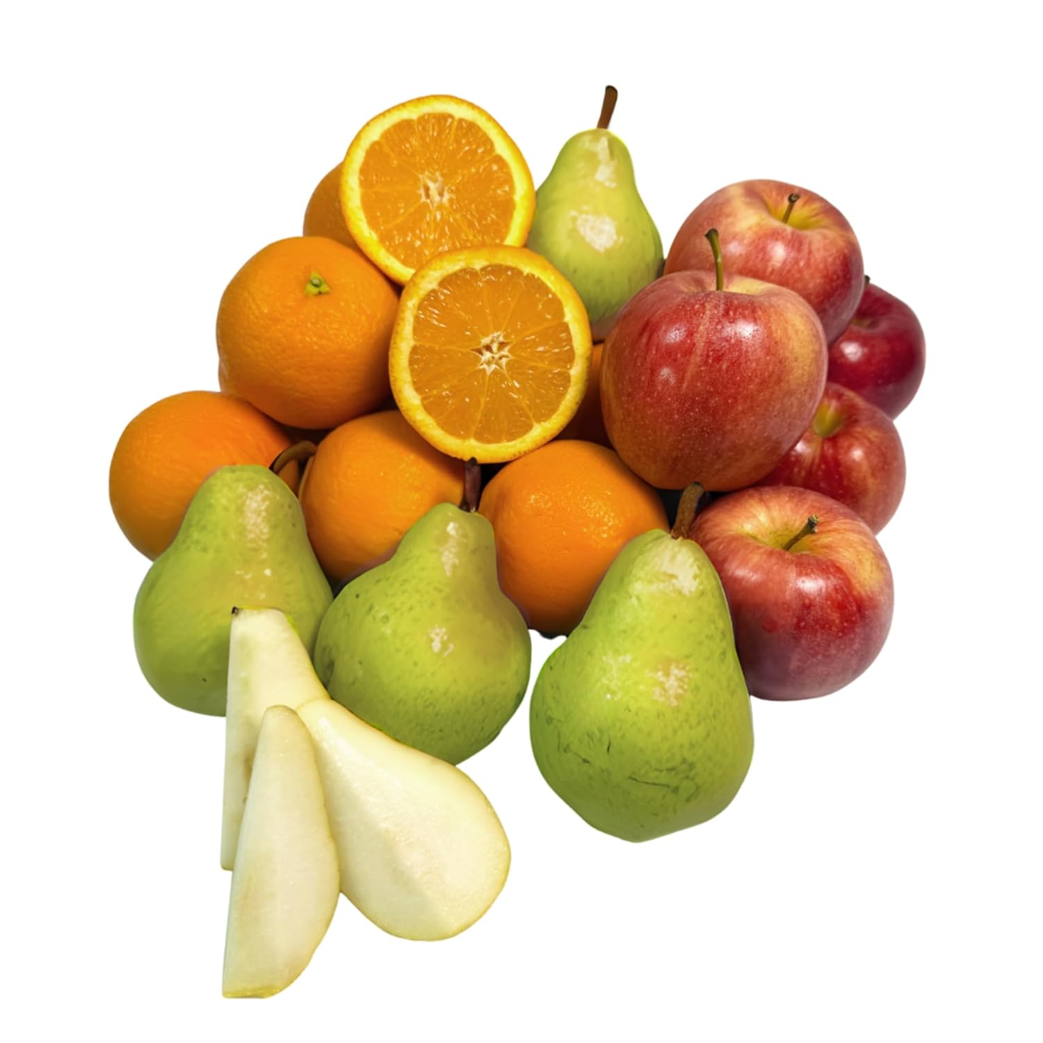 Assortment of fresh fruit including oranges, apples, and pears