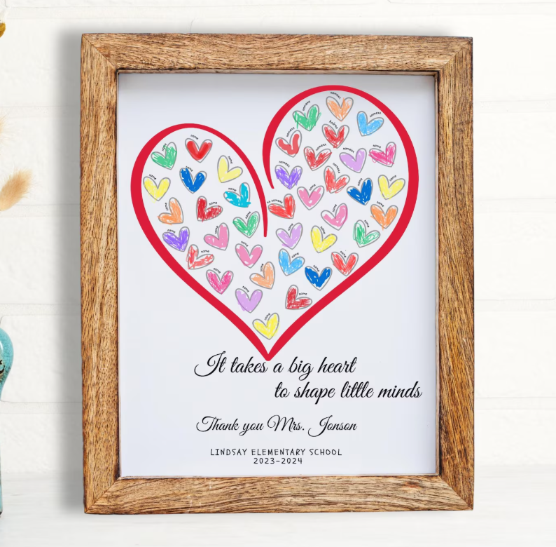 Framed teacher appreciation art showing a heart filled with student thumbprints 