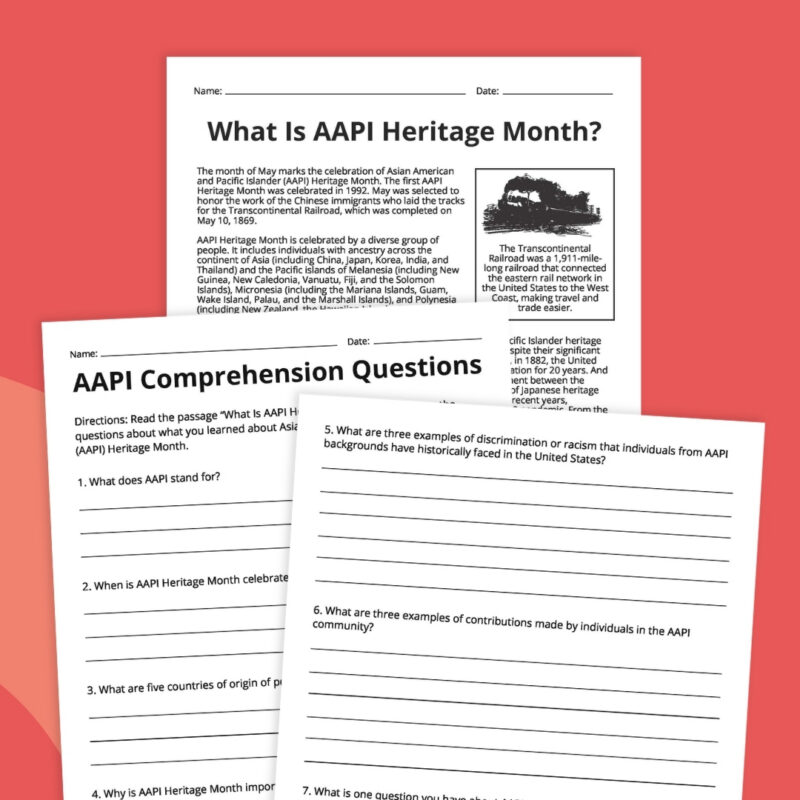 Asian American and Pacific Islander Heritage Month article and lined response sheets