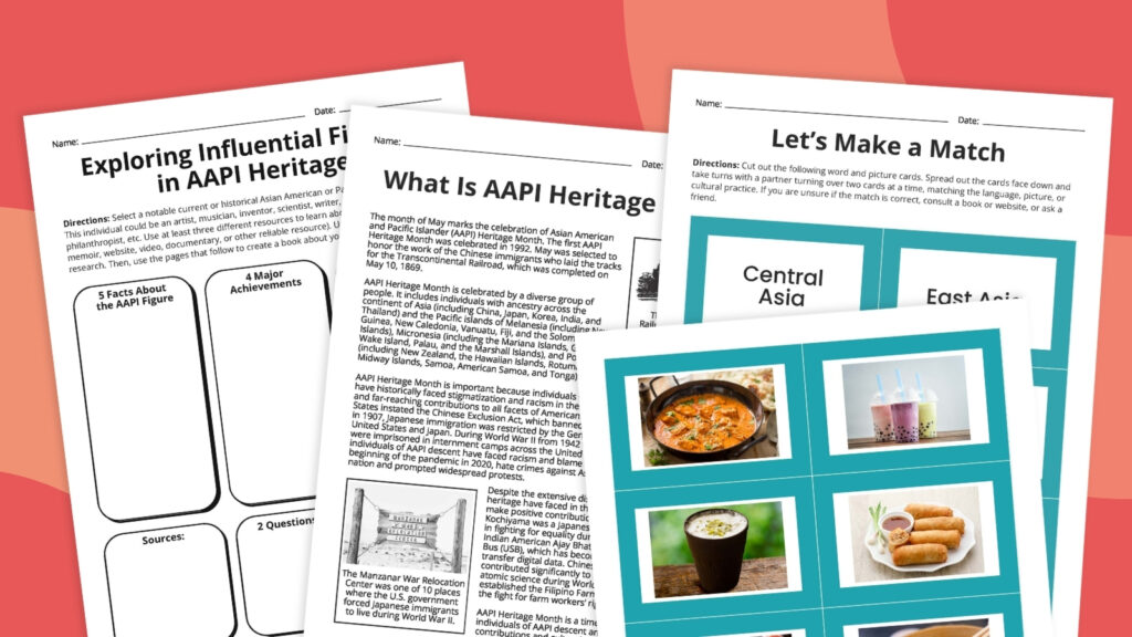 Rectangular collage of AAPI Heritage month worksheets
