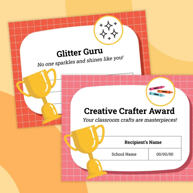 Flat lay of two teacher awards: Glitter Guru and Creative Crafter Award