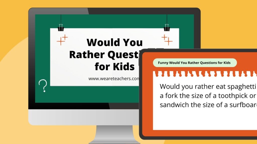 an image of a mockup computer screen and tablet featuring would you rather questions for kids