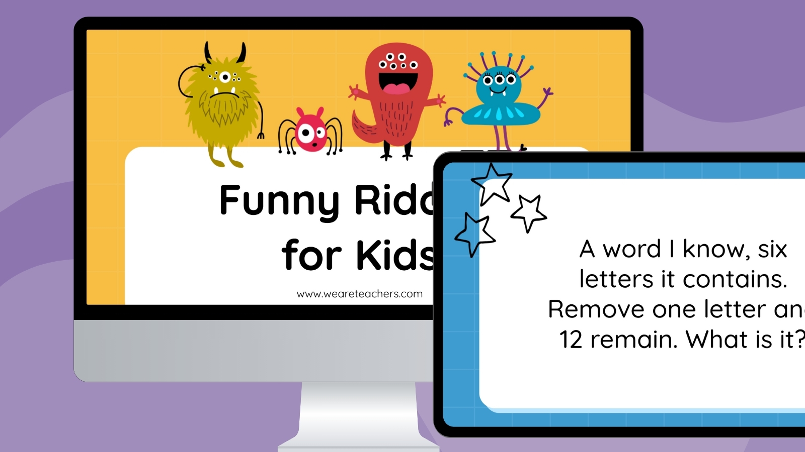 an image of a computer and ipad screen featuring riddles for kids Google Slides