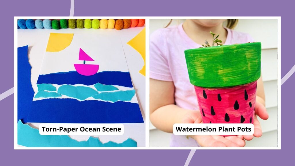 a summer craft for kids featuring a torn paper ocean scene and a watermelon plant pot