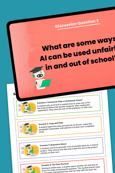 Images of the Google Slides and scenarios for the Class AI Code of Conduct lesson