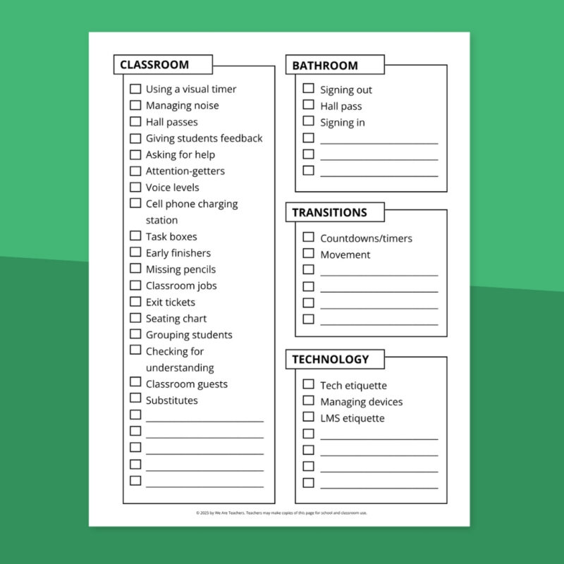 Page 2 of printable classroom procedures and routines checklist