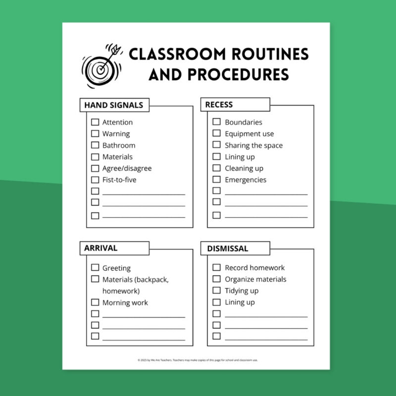 Page 1 of printable classroom procedures and routines checklist
