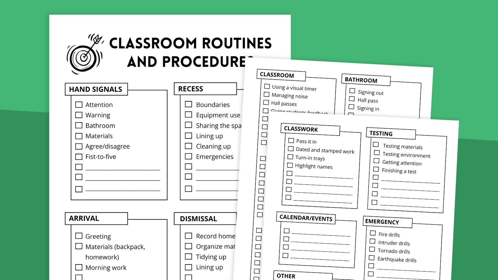Collage of printable classroom procedures and routines checklists.