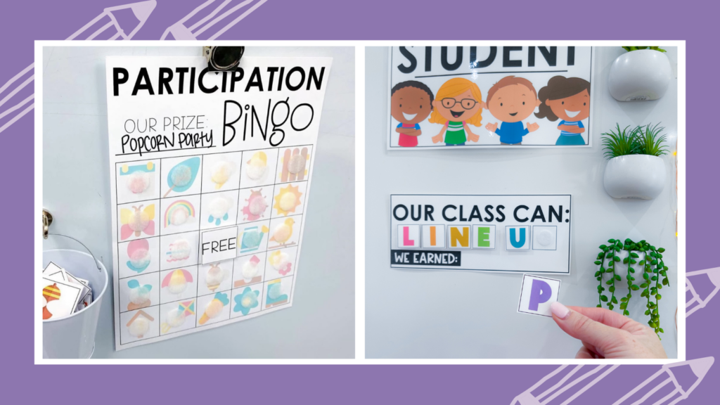 Two classroom management games: participation bingo and line-up complete the phrase