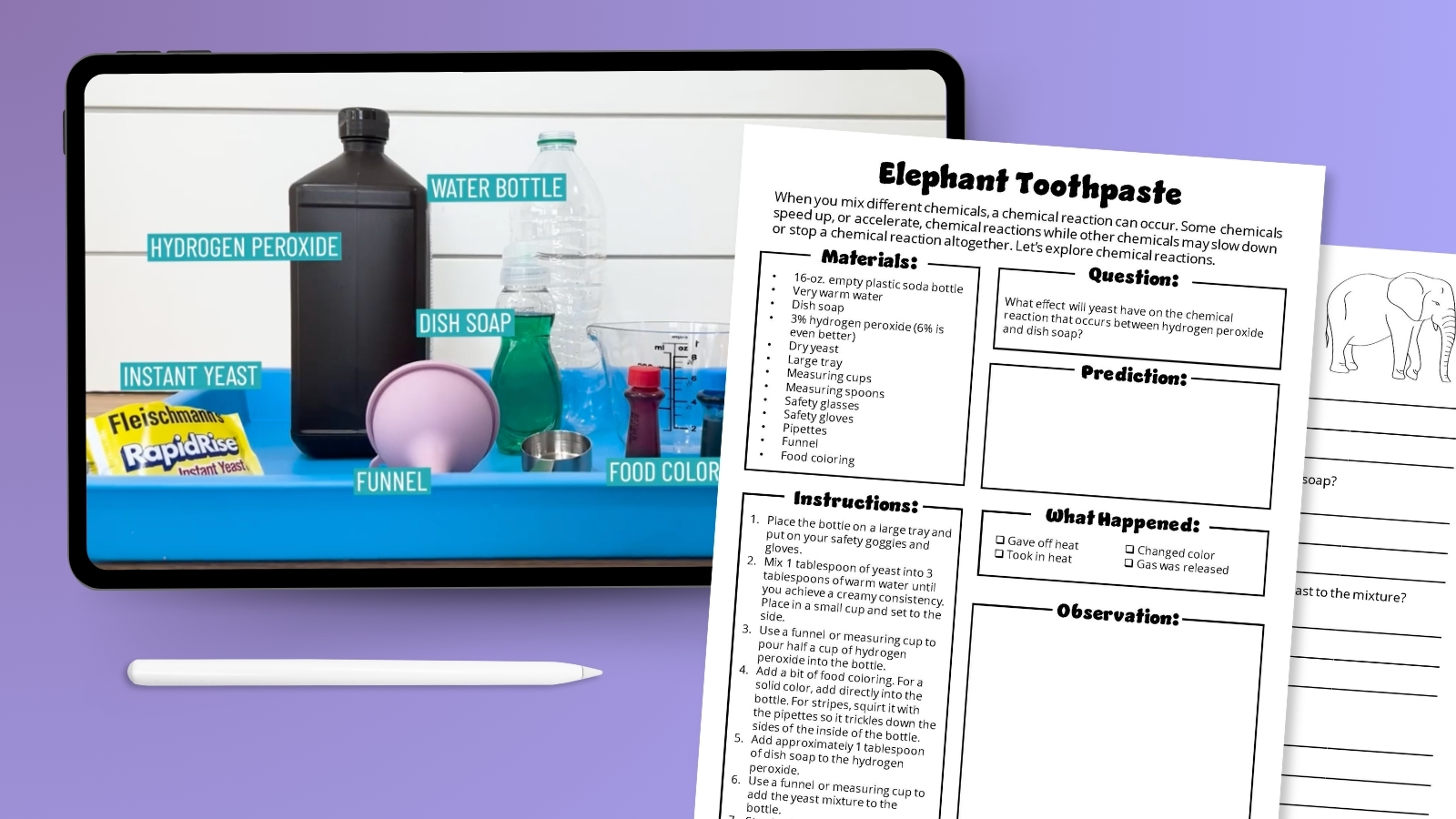 Elephant Toothpaste Experiment Tablet with elephant toothpaste experiment materials featured on screen next to a worksheet.