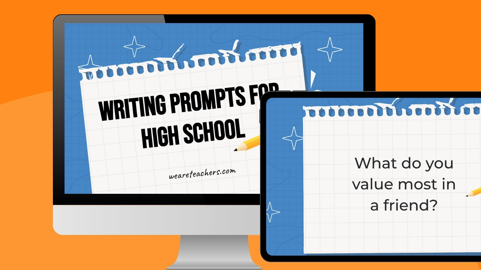Writing Prompts for High School a computer and ipad screen showing examples of the writing prompts for high school google slides