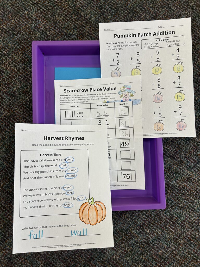 Three printable fall worksheets in a classroom 