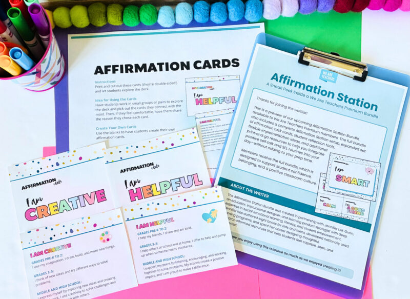 Printable affirmation station kit in a classroom.