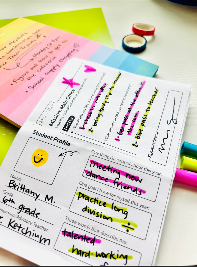 Printable campus explorer activity book on classroom desk filled out by student.