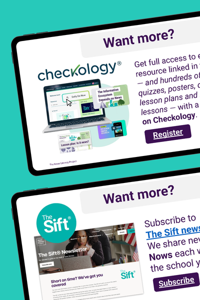 Images of slides featuring information about how to get more news literacy resources.