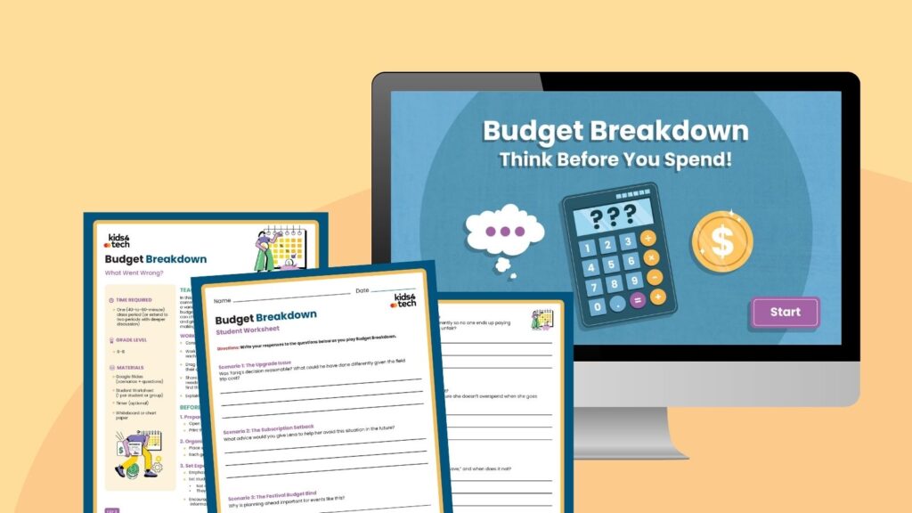 Feature image showing the slide show and several worksheets from a financial literacy skills for teens game.