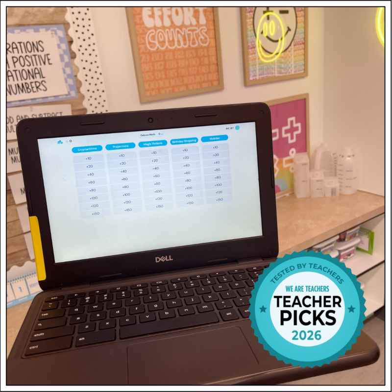 Teacher Picks Math Jams Score Board Laptop screen showing team scores for Math Jams