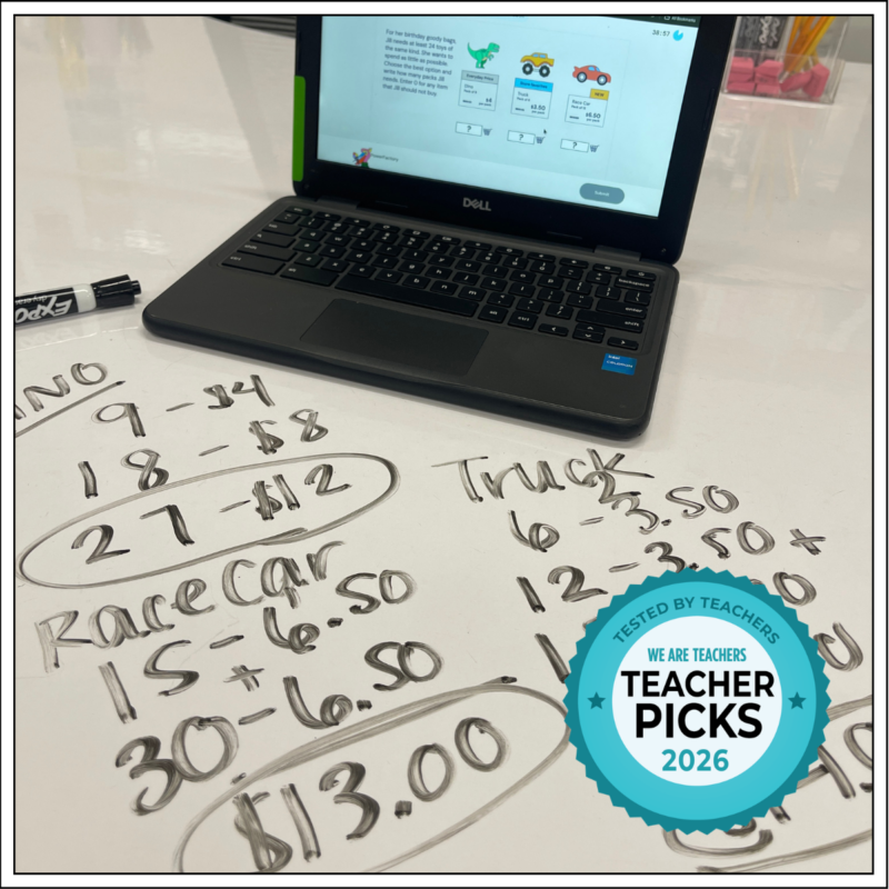 Teacher Picks Math Jams Student Computations Laptop showing Math Jams problem on desk where students write out computations using dry erase marker.