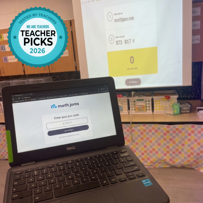 Teacher Picks Math Jams Enter Code Laptop screen showing how to enter code to begin Math Jams.