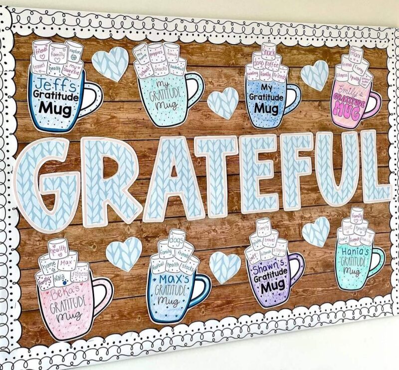 Thanksgiving Bulletin Board: Grateful Mugs Thanksgiving bulletin board with the word Grateful and paper mugs with marshmallows listing items students are grateful for