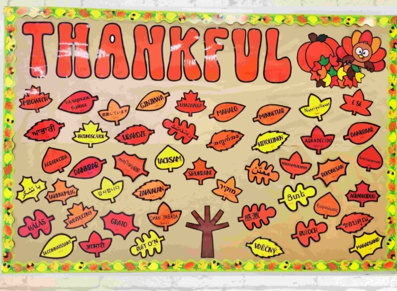 Thanksgiving Bulletin Board: World Languages A bulletin board reads