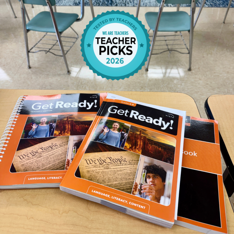 Teacher Picks Get Ready! Vista – Desk Get Ready! books in classroom.