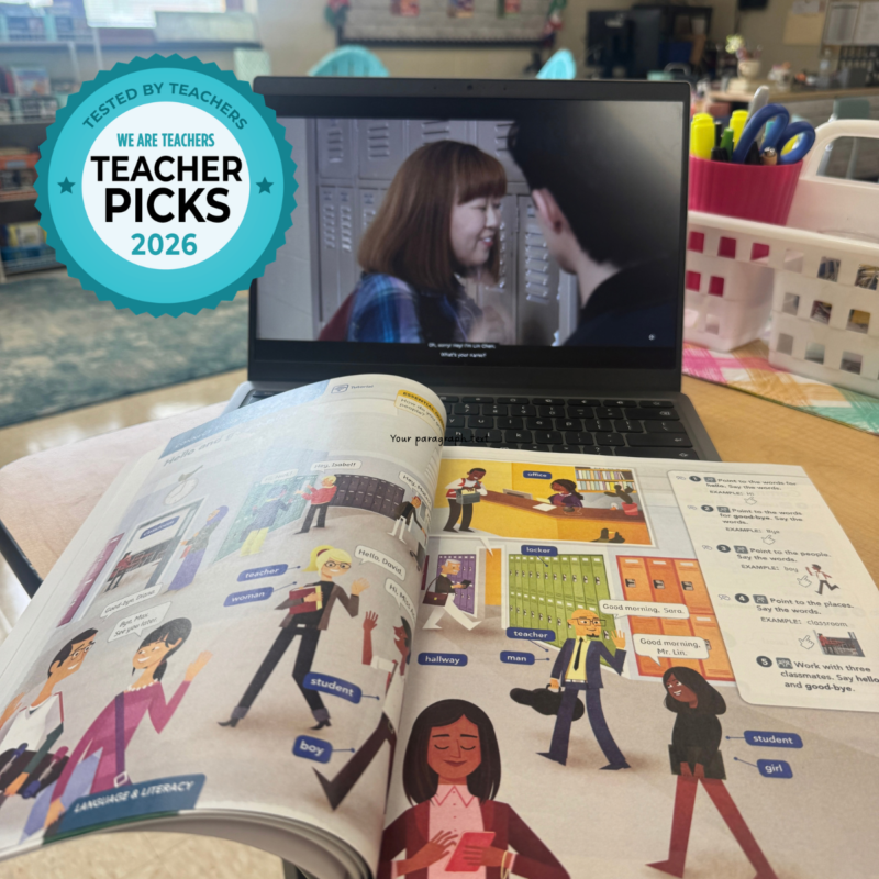 Teacher Picks Get Ready! Vista – Laptop and Book Get Ready! book open on desk with video on laptop screen.