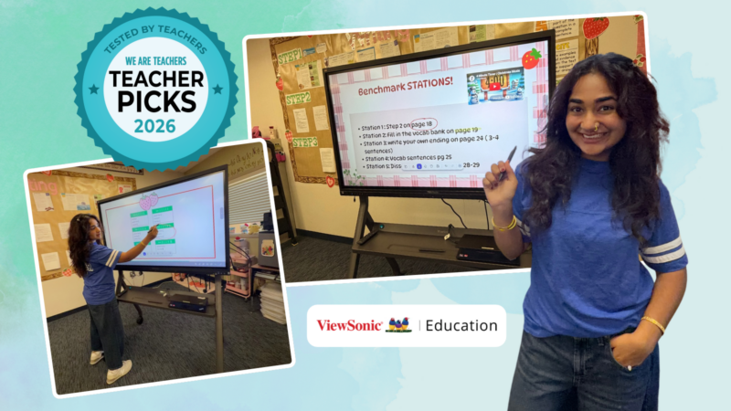 Teacher Marieum Ahmad using ViewSonic ViewBoard in classroom with Teacher Picks 2026 logo