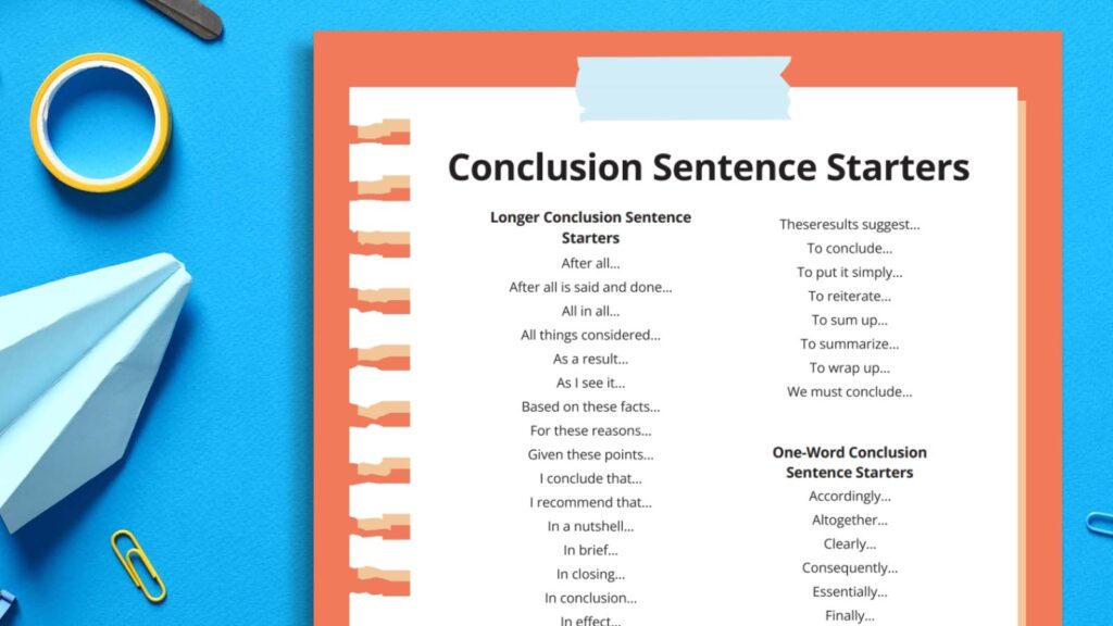 an image of conclusion sentence starter printables